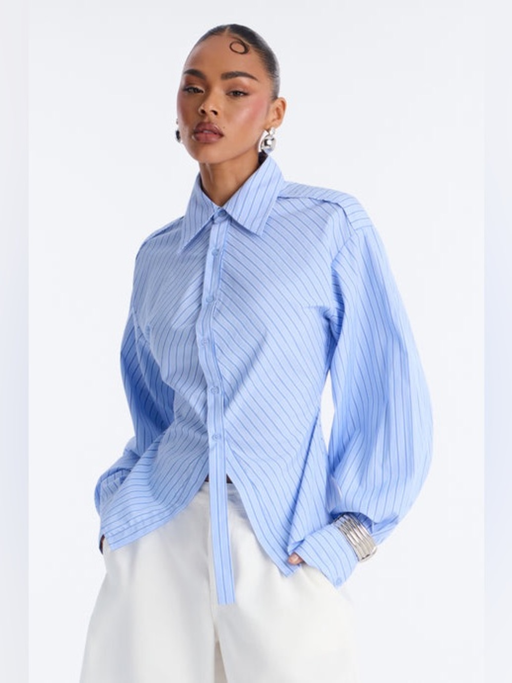 Fashionnova Striped Poplin Button Down Blouse - Size Large